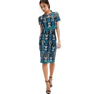 river island double-layer crop top midi dress - mesh & lace w floral embroidery